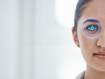 Buy stock photo Cybersecurity, eye scan and portrait of a woman at work for facial recognition and identity. Digital, mockup and face of an employee with a retina check for corporate protection and verification