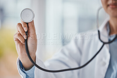 Buy stock photo Stethoscope, hands and doctor listen to heartbeat in hospital, asthma medicine and trust. Closeup of healthcare worker, breathing equipment and cardiology for lungs test, medical help or tuberculosis