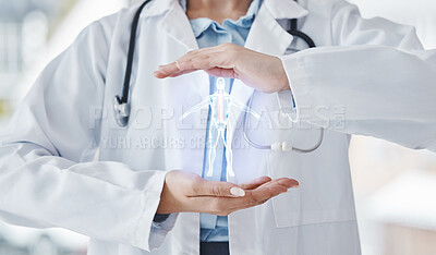 Buy stock photo Skeleton hologram, doctor hands and futuristic hospital technology, ai and 3d model for medical x ray. Healthcare professional, worker or person hand holding holographic for future and human anatomy