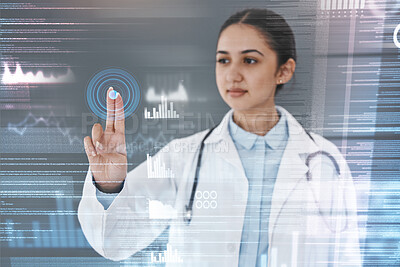 Buy stock photo Cybersecurity, futuristic hologram and doctor hand for password, fingerprint scan and medical database. Healthcare, digital clinic and woman with finger for user interface, software and telehealth