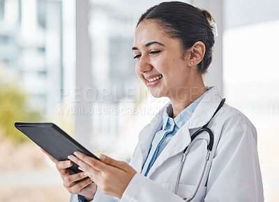 Buy stock photo Healthcare, research and doctor on tablet in hospital for medical report, test results and online consultation. Insurance, technology and woman health worker with digital tech for patient telehealth