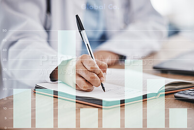 Buy stock photo Doctor writing, chart overlay or hands for prescription, medical result, report or insurance in hospital office. Medicine, notebook or healthcare worker for planning, research or survey data analysis