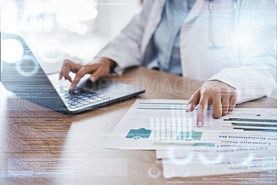 Buy stock photo Doctor, laptop overlay or hands for online medical research data, email or healthcare medicine report. Science nurse, analytics or documents on tech for fintech, hospital schedule or surgery agenda 