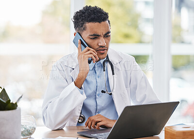 Buy stock photo Phone call, office or confused doctor man in hospital for communication, financial healthcare advice or insurance. Question, finance or medical employee on smartphone for compliance, policy or trust