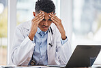 Burnout, stress or man doctor on laptop with headache from depression, mental health or anxiety medical review. Tired, mental health or sad nurse frustrated, angry or depressed from medicine report