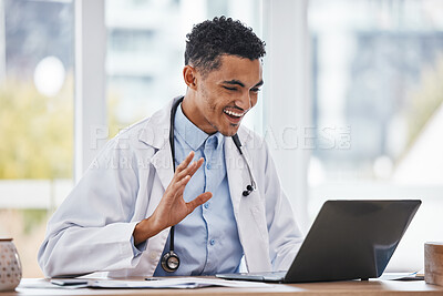 Buy stock photo Wave, laptop or black man doctor on video call for online meeting, virtual assistance or medical consulting. Happy, medicine or healthcare nurse on tech webinar for hello, support or wellness help