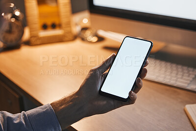 Buy stock photo Phone screen, mockup and office hands working at night on mobile app, ux design or space for product placement.  Website, social media and online business person on smartphone technology mock up