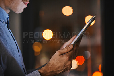 Buy stock photo Night, closeup and man with tablet, hands and social media for business, online reading and new project. Dark, male employee and leader with device, digital planning and search internet in workplace
