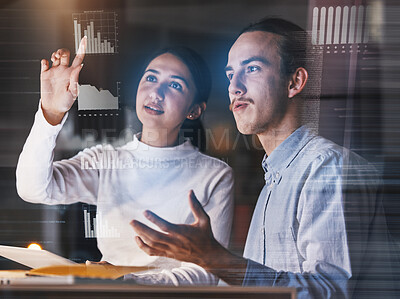 Buy stock photo Code, overlay and man with woman, hologram and futuristic data analysis, discussion and cloud computing. Coding, coworkers and employees with holograph, conversation and cyber security in workplace