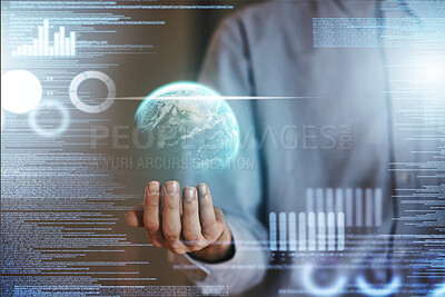 Buy stock photo Hands, 3D hologram and global networking in analytics for futuristic world development in double exposure. Hand of person with digital innovation or virtual globe for statistical analysis on overlay