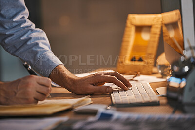 Buy stock photo Business man, hands and writing, keyboard zoom and data with analytics and IT code, work overtime with deadline. Working night, email and programming, checklist with digital notes and software update