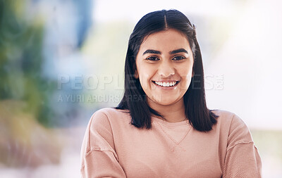 Buy stock photo Portrait of young Indian woman happy with internship in Human Resources, opportunity and mission. Vision for company values, goals and face or headshot of gen z person with hr job for about us or faq