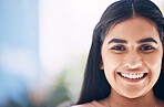 Smile, mockup and portrait of a confident woman with space, success and vision at a company. Business, work and face of an Indian employee at a corporate agency with happiness, excited and pride