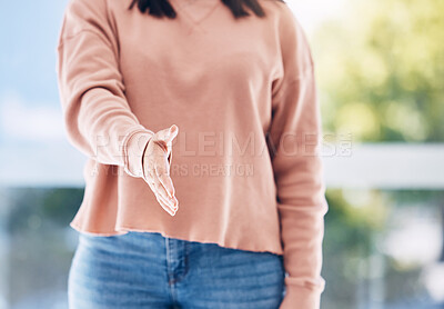 Buy stock photo Handshake, recruitment and hand of business woman in office for thank you, welcome and onboarding gesture. Corporate hr, collaboration and female shaking hands for partnership, deal and agreement