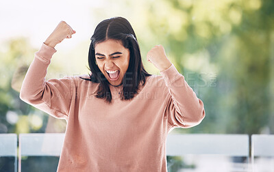 Buy stock photo Winning, winner or Indian woman with yes, wow and success fist pump for excited news, bonus or sale. Celebration, freedom and dance, happy young person dancing for opportunity, achievement or results