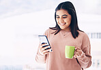 Happy woman, phone or drinking coffee in house, home or penthouse apartment on social media app, internet or dating website. Smile, student and relax tea cup, mobile blog or communication technology