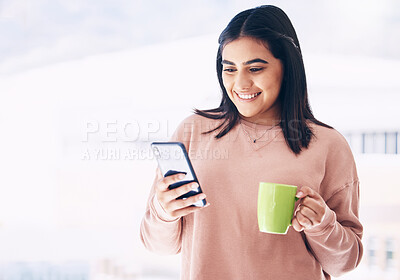 Buy stock photo Happy woman, phone or drinking coffee in house on social media app, mock up website or internet email news. Smile, student or relax person with tea cup, mobile blog or mockup communication technology