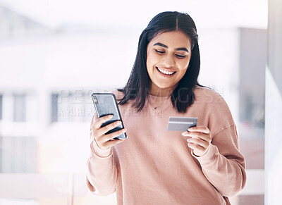 Buy stock photo Customer, phone or credit card for online shopping, e commerce or home internet banking on fintech app. Smile, happy or ecommerce woman on mobile technology for house retail or website mockup payment