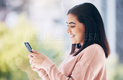 Buy stock photo Happy woman, phone or window typing in house, home or apartment on social media or internet dating website. Smile, texting or relax student on mobile technology, news blog or mockup communication app