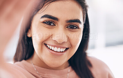 Selfie, happy and portrait of woman with smile for positive, optimistic and good confident mindset. Happiness, beauty and excited face of young female from Puerto Rico taking picture for social media