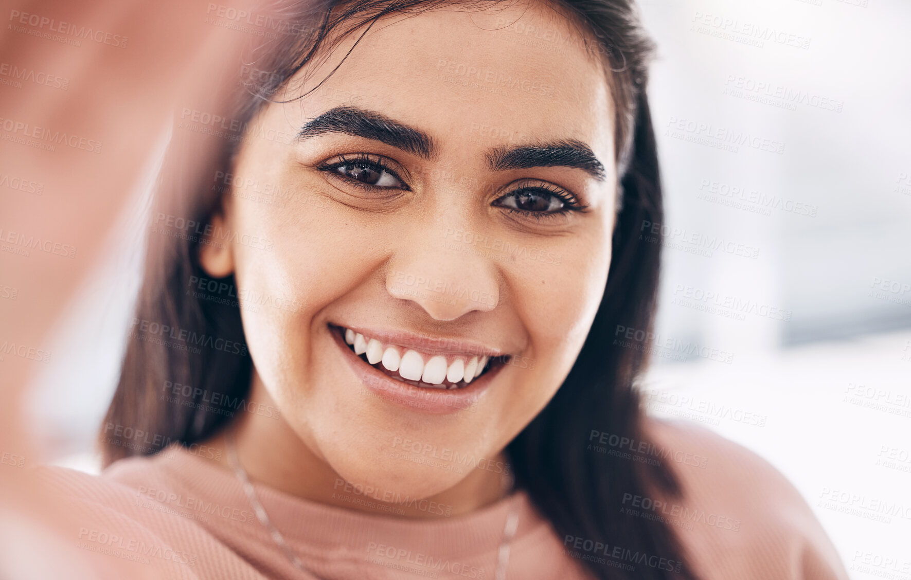 Buy stock photo Selfie, happy and portrait of woman with smile for positive, optimistic and good confident mindset. Happiness, beauty and excited face of young female from Puerto Rico taking picture for social media