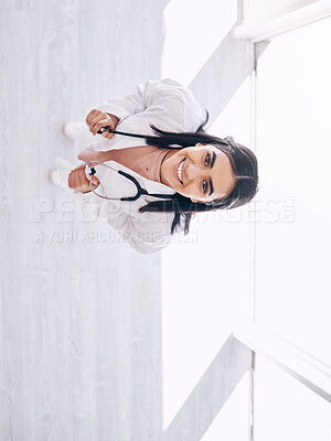 Buy stock photo Top view, portrait and Indian doctor with stethoscope in hospital, clinic trust or medicine knowledge on floor mockup. Smile, happy and healthcare worker with wellness equipment or woman professional