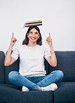 Woman with books on head, space mock up and balance for study, education or university reading or scholarship. Knowledge, learning and history, philosophy or English college person pointing to mockup