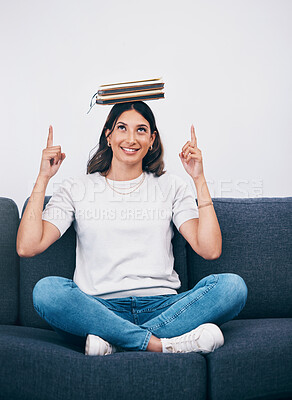 Buy stock photo Woman with books on head, space mock up and balance for study, education or university reading or scholarship. Knowledge, learning and history, philosophy or English college person pointing to mockup