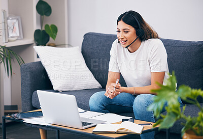 Buy stock photo Remote work, laptop and woman in a telemarketing call center, customer services or online technical support. Communication, crm or sales agent talking, consulting or helping with loan advice at home