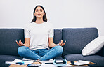 Study, meditation and Indian woman in a living room with zen to relax from book learning. Sofa, home and female student meditate on a couch doing yoga for wellness in a house with education notebook