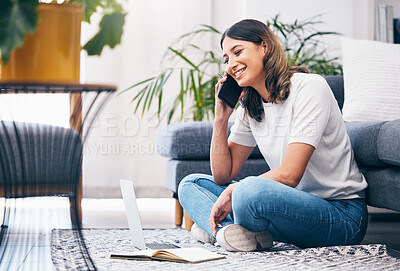 Buy stock photo Woman, phone call and laptop with notebook in the living room by sofa in remote work or studying at home. Happy female freelancer in conversation or discussion on smartphone and computer on the floor