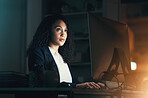 Night, office and black woman on computer for business project, management report and online document. Corporate worker, overtime and focused female working on strategy, planning and website research
