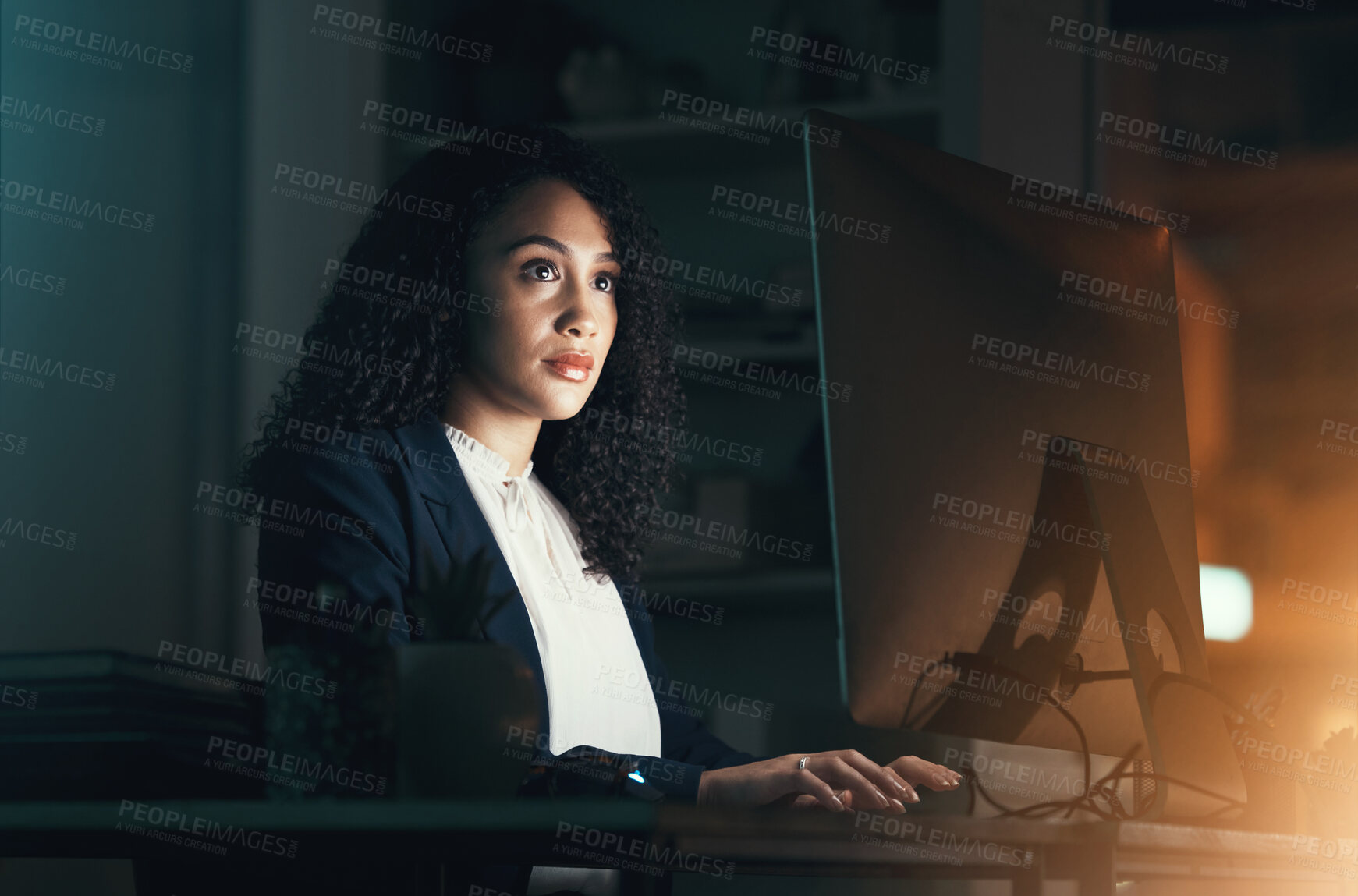 Buy stock photo Night, office and black woman on computer for business project, management report and online document. Corporate worker, overtime and focused female working on strategy, planning and website research