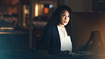 Office, night and black woman on computer for business project, management report and online document. Corporate manager, overtime and female worker working on strategy, planning and website research