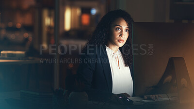 Buy stock photo Office, night and black woman on computer for business project, management report and online document. Corporate manager, overtime and female worker working on strategy, planning and website research