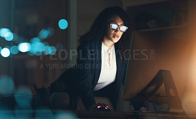Buy stock photo Business, night and black woman on computer at desk for project, strategy report and reading email. Corporate manager, dark office and female standing done working on schedule, planning and research