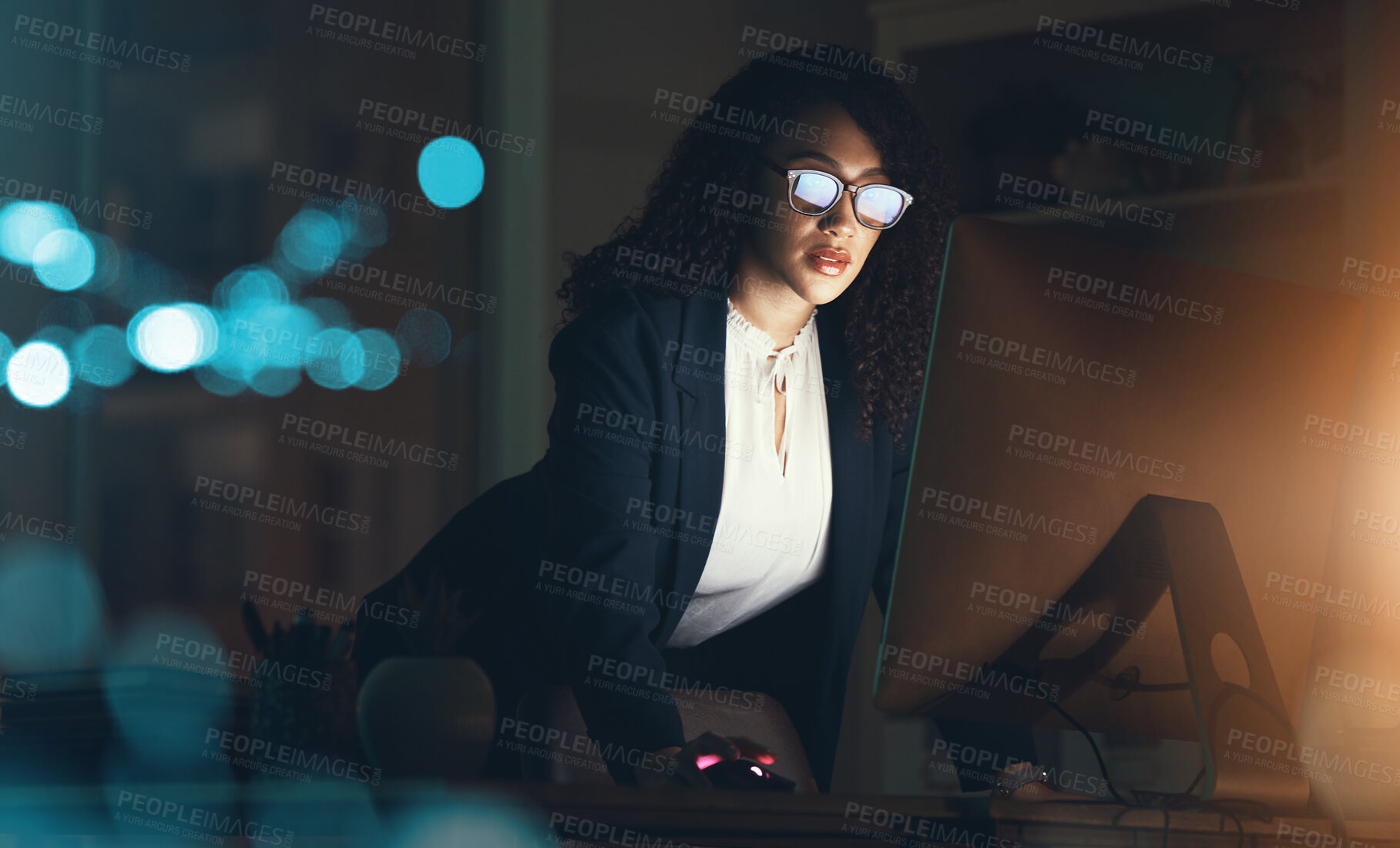 Buy stock photo Business, night and black woman on computer at desk for project, strategy report and reading email. Corporate manager, dark office and female standing done working on schedule, planning and research