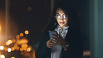 Email, night and woman reading on a phone, communication and internet for business. Connection, social media and employee with a mobile in a dark office for the web, networking and overtime schedule