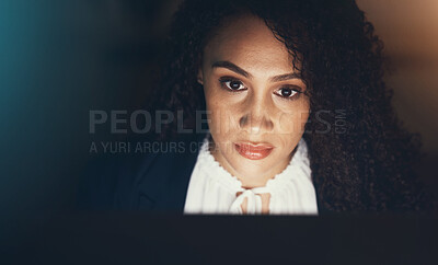 Buy stock photo Office, screen and face of black woman on computer for project, business report and online documents. Vision, planning and female worker working on strategy, reading website and research at night