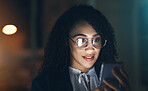 Black woman, business phone and face at night for communication with network connection. Entrepreneur person in dark office for social media, networking or mobile app reading online review or email
