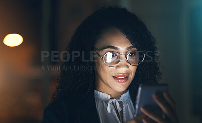 Buy stock photo Black woman, business phone and face at night for communication with network connection. Entrepreneur person in dark office for social media, networking or mobile app reading online review or email