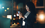 Black woman, business phone and night bokeh lights for communication, network connection and chat. Entrepreneur person in dark office for social media, networking or mobile app