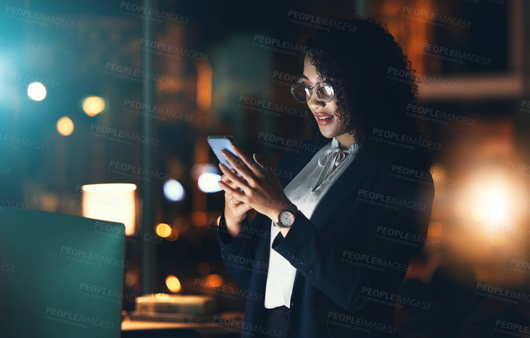 Buy stock photo Black woman, business phone and night bokeh lights for communication, network connection and chat. Entrepreneur person in dark office for social media, networking or mobile app