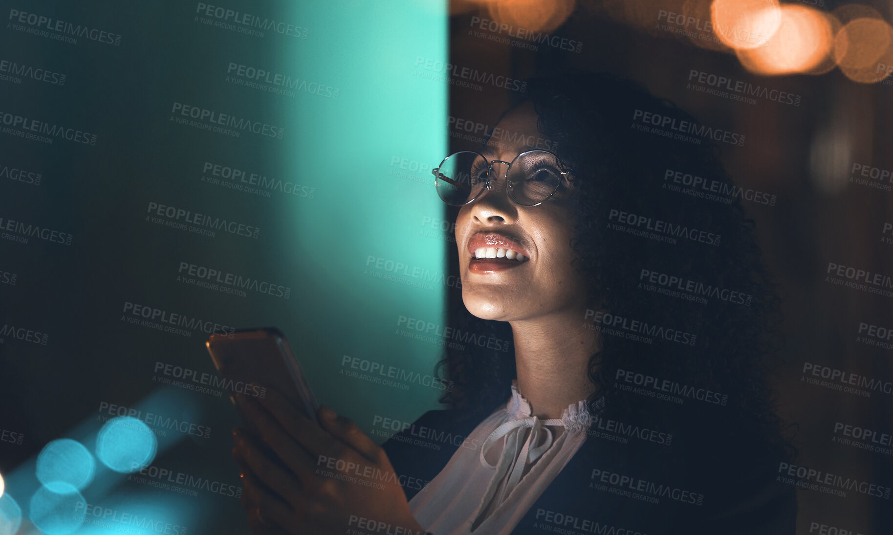 Buy stock photo Business, black woman and phone at night thinking idea for communication network connection. Entrepreneur person in dark office for social media ux, networking or ai mobile app marketing mockup