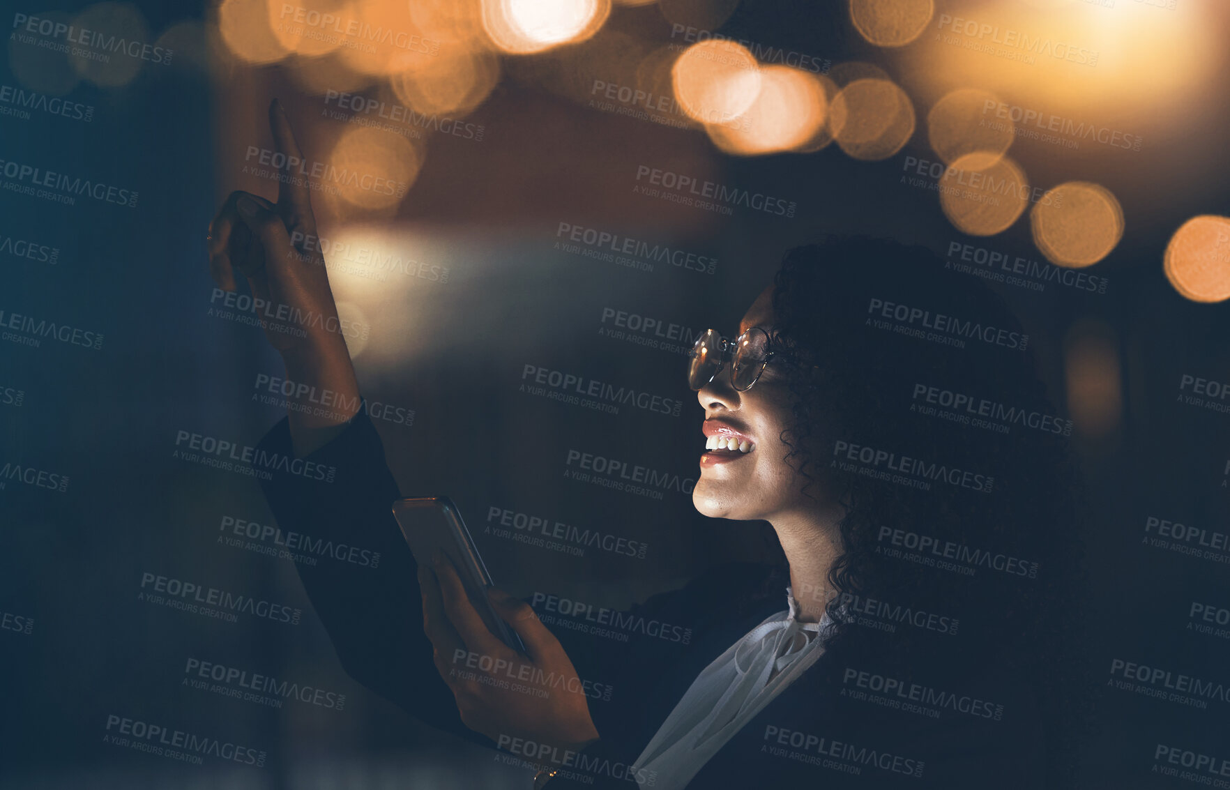 Buy stock photo Phone, night stars and black woman outdoor checking stars and solar system with mobile app. Happy, smile and young person in city pointing to star constellations in the dark with cellphone and web