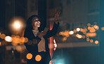 Black woman, phone and night business with bokeh mockup lights for network connection idea. Happy entrepreneur person smartphone ux interface in dark office for networking, contact and communication