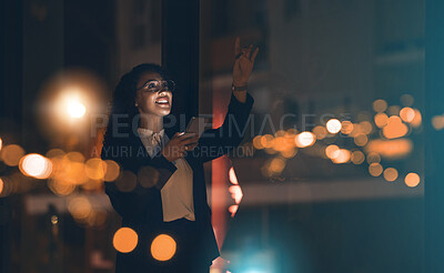 Buy stock photo Black woman, phone and night business with bokeh mockup lights for network connection idea. Happy entrepreneur person smartphone ux interface in dark office for networking, contact and communication