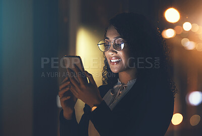 Buy stock photo Night, business and woman with smartphone, typing and smile for achievement, new project and social media. Late, female and girl with cellphone, connection and overtime with device and online reading