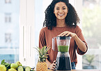Blender, smoothie and portrait of black woman for green diet, detox and healthy breakfast fruits in kitchen. Vegetables, food and person nutritionist with natural drink, protein shake or vegan juice