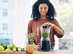 Blender, smoothie and black woman with green diet, detox and healthy morning breakfast in kitchen with fruits. Vegetables, food and young person or nutritionist with nutrition drink for vegan protein